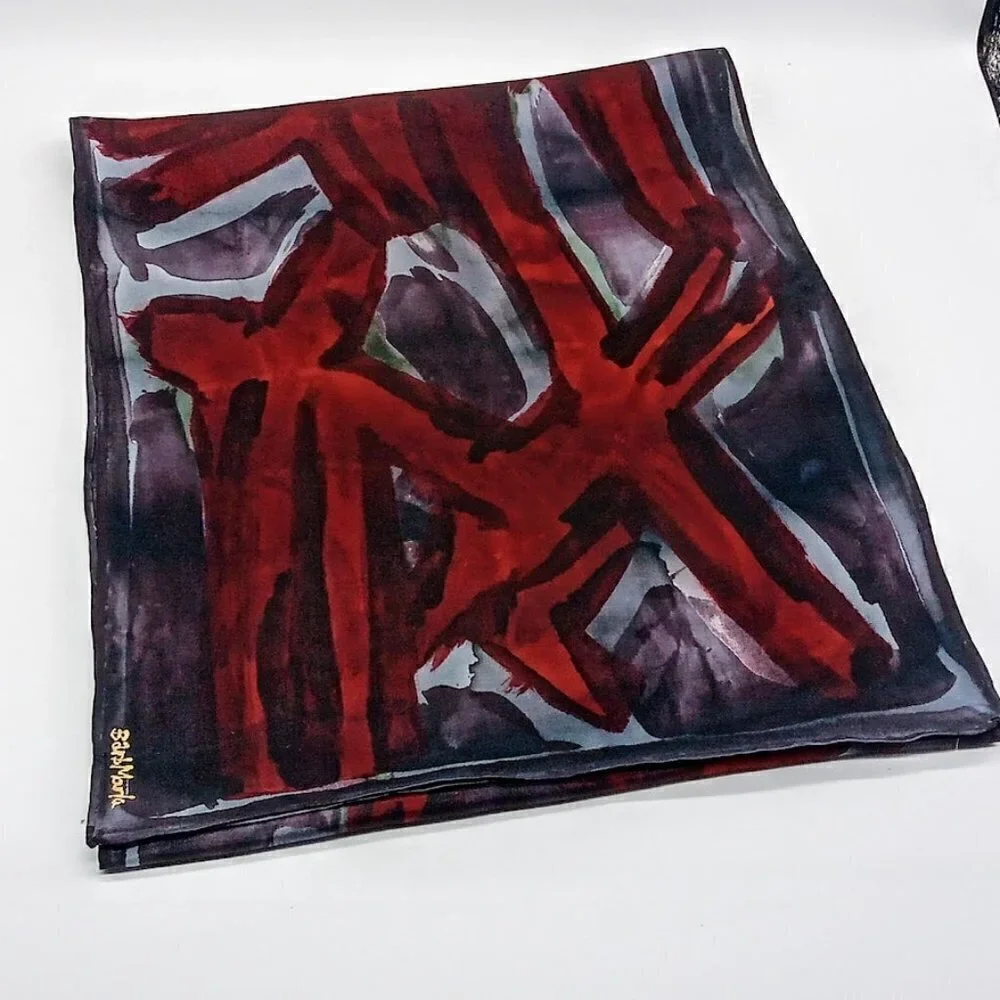 Hand-Painted Barb Marla Black Red Grey Silk Oblong Scarf
